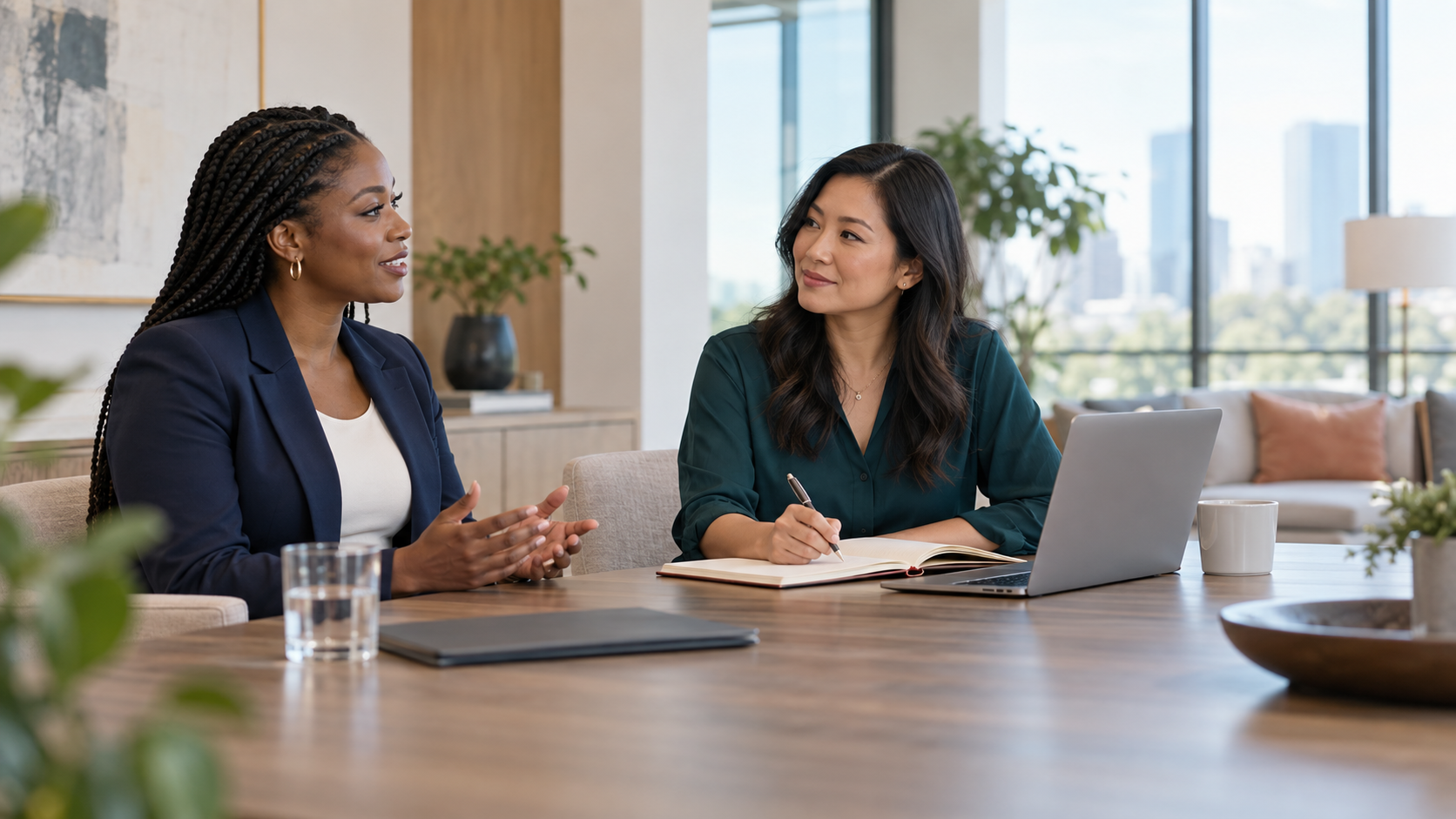A candidate and hiring manager having a thoughtful conversation